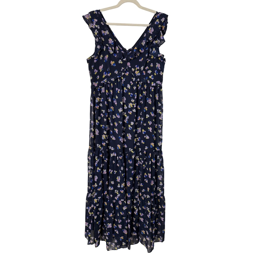 DKNY Maxi Dress Women 14 Navy Floral Excellent Ruffle Tiered Bohemian Sleeveless